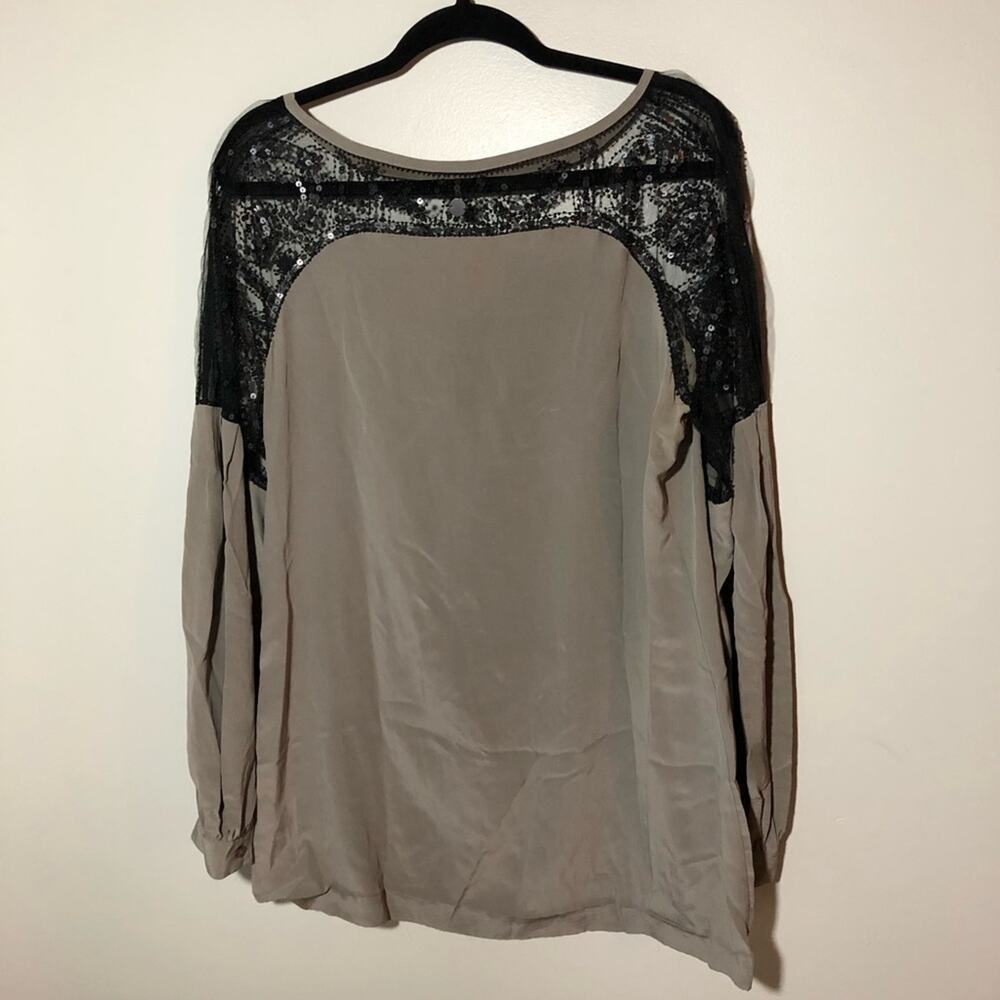 Tory Burch grey silk blouse black lace sequin bead embellishment womens 14 FLAW - Picture 2 of 10